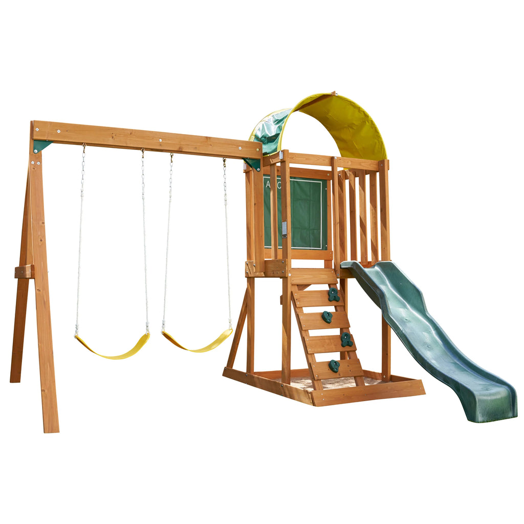 Wooden Outdoor Swing Set with Slide and Rock Wall Z3029