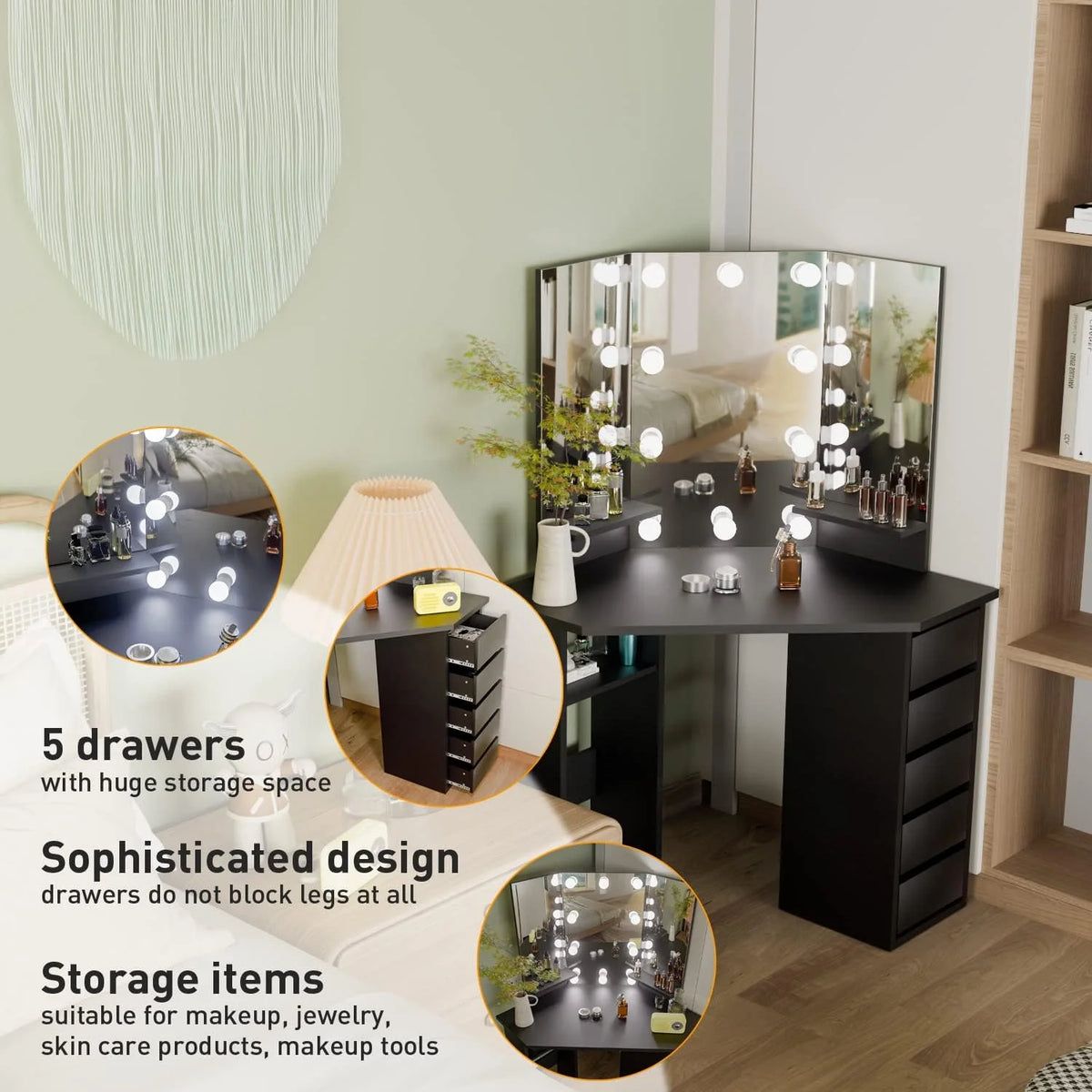 Black Corner Makeup Vanity Desk with Lighted Mirror 5 Drawers T964573
