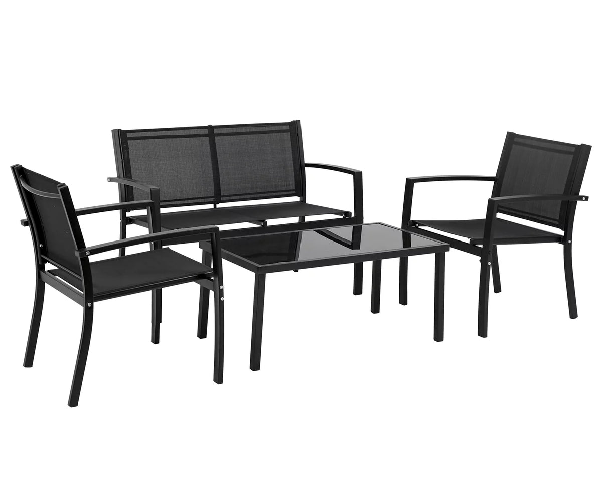 4 Piece Patio Conversation Set with Tempered Glass Tabletop Black J72796