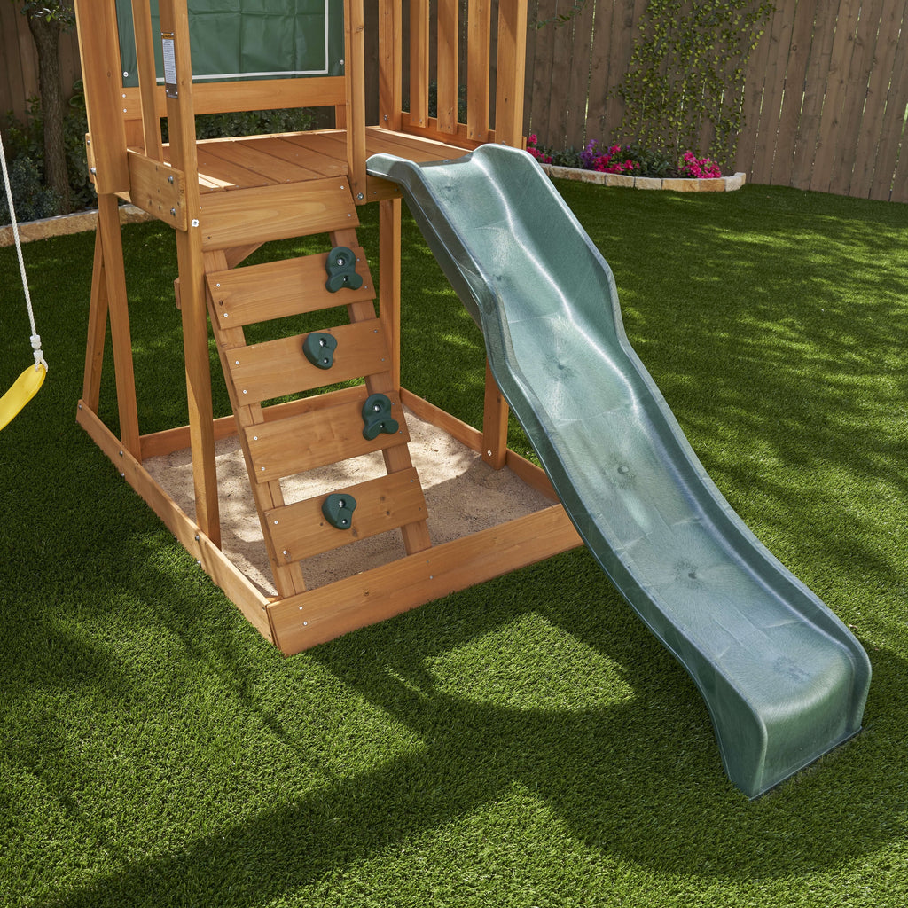 Wooden Outdoor Swing Set with Slide and Rock Wall Z3029