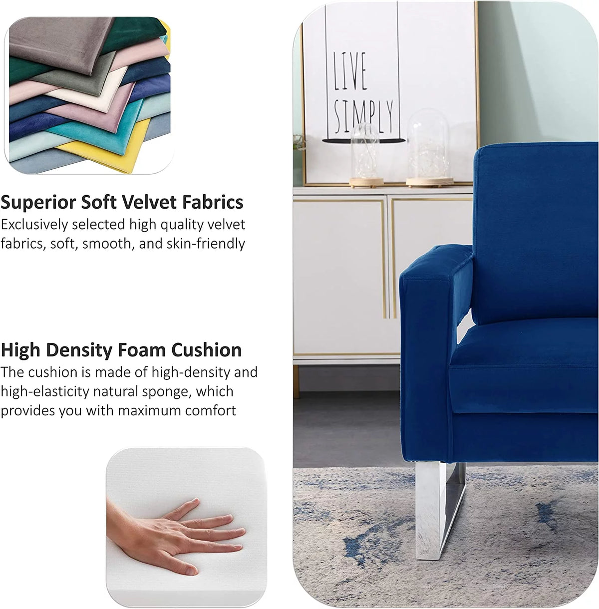 Navy Blue Velvet Upholstered Arm Chair R994