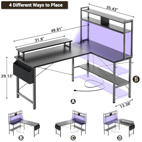L Shaped Gaming Desk with Power Outlets & LED Lights, Black Y180980