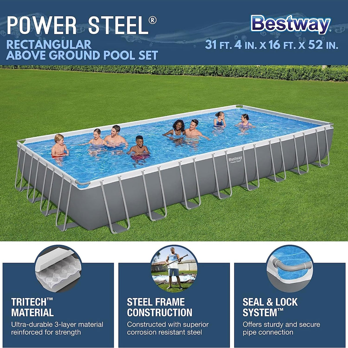 31' 4" x 16' x 52" Rectangular Metal Frame Above Ground Swimming Pool Set A30896