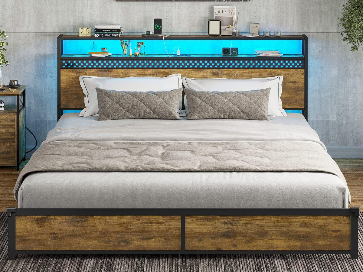 King Bed Frame with USB Ports and Outlets Y4229