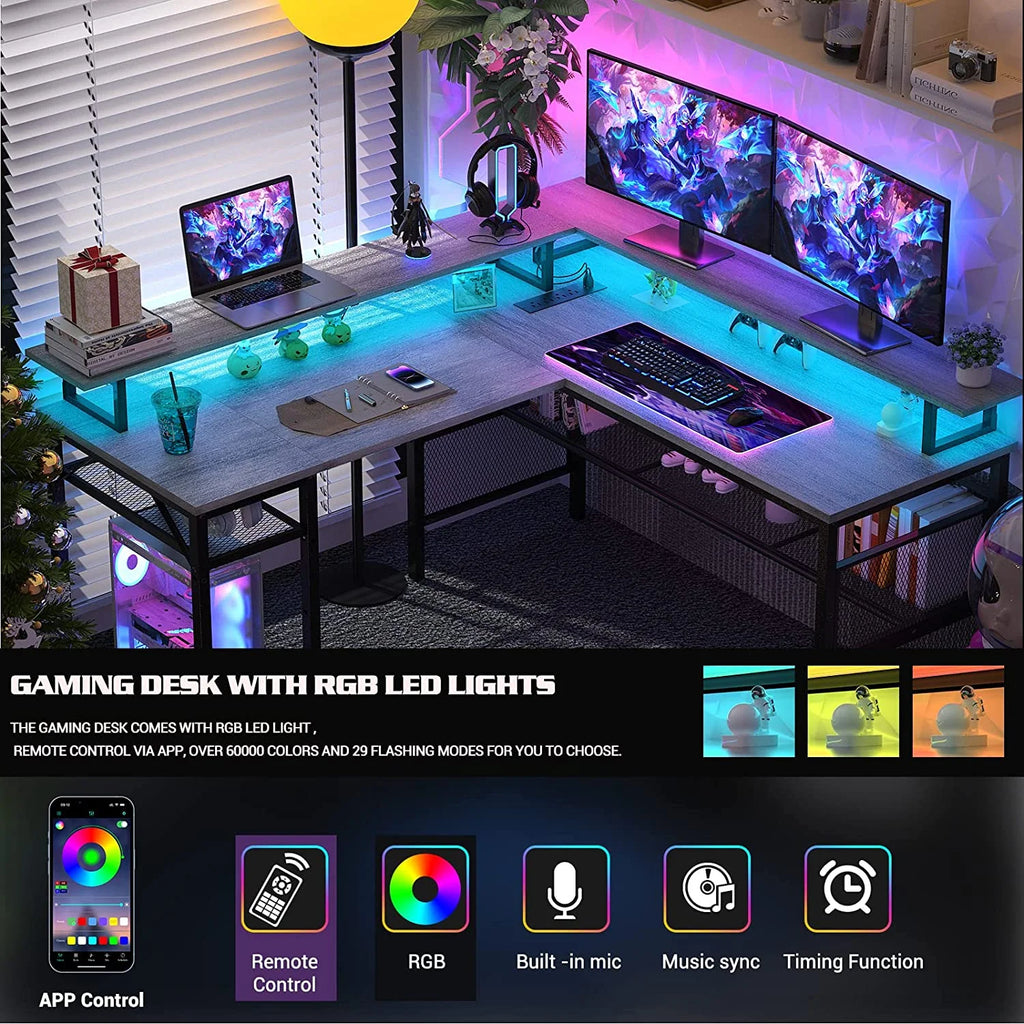 White Oak 55 inch L Shaped Desk with Power Outlets and LED Light Q92743
