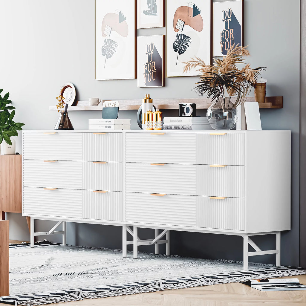 Creamy 6 Drawer Wood Dresser with Metal Base T829182