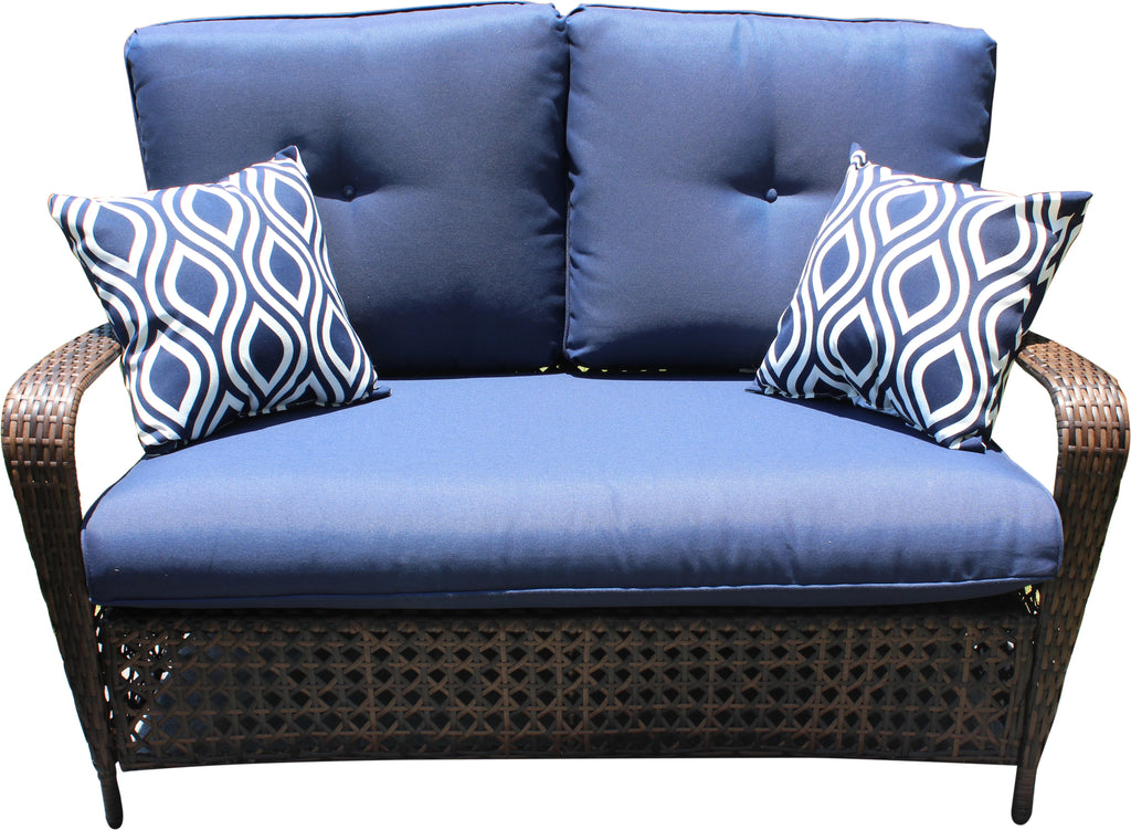 4 Piece Wicker Outdoor Furniture Conversation Set with Navy Cushions A431
