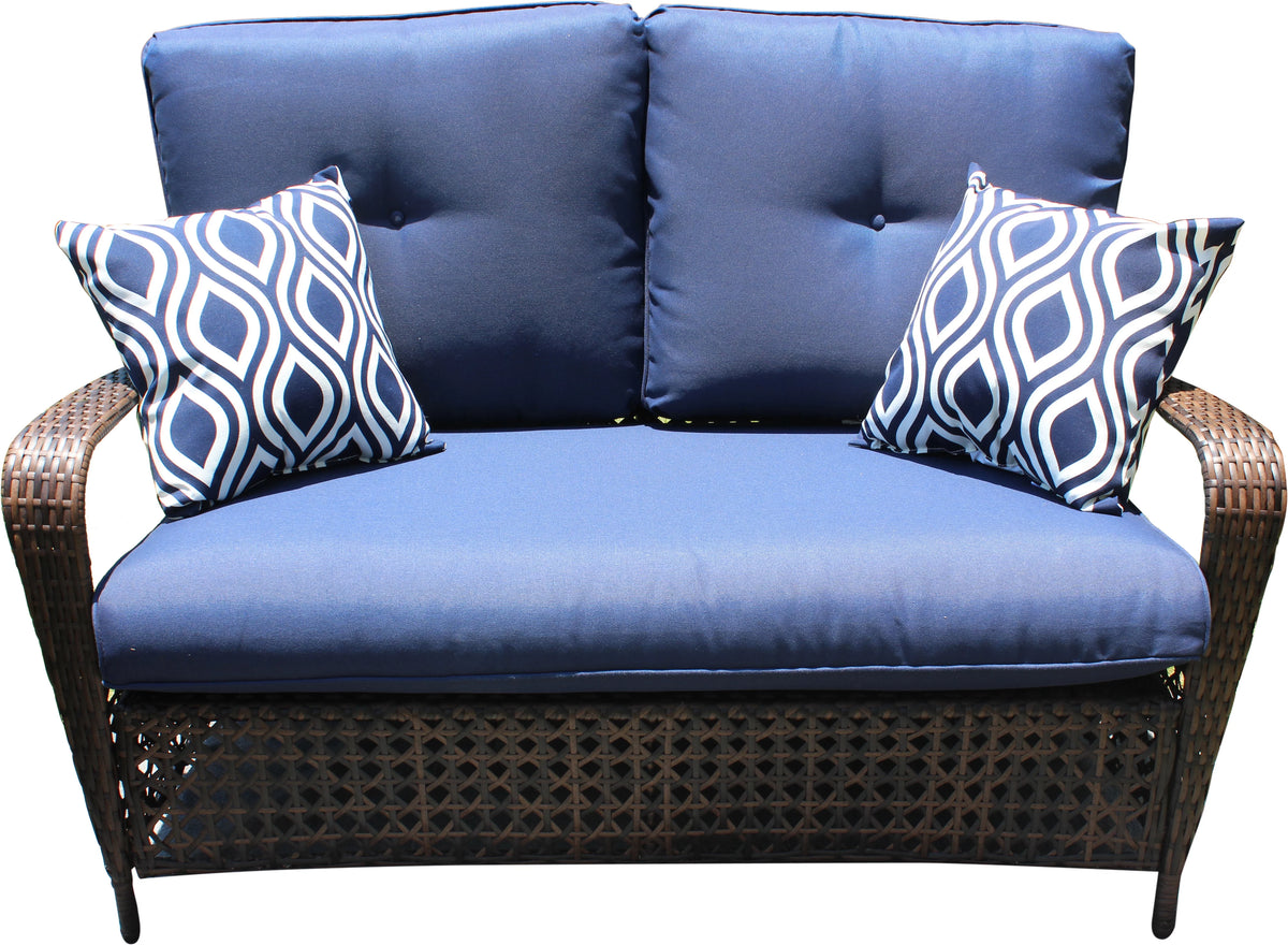 4 Piece Wicker Outdoor Furniture Conversation Set with Navy Cushions A431