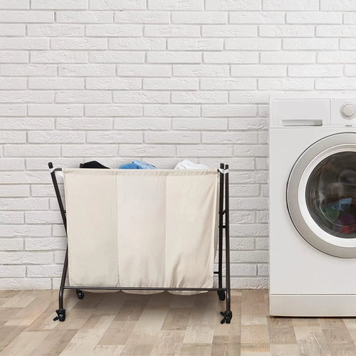 3 Compartment Rolling Canvas Laundry Sorter Hamper with Wheels L586169