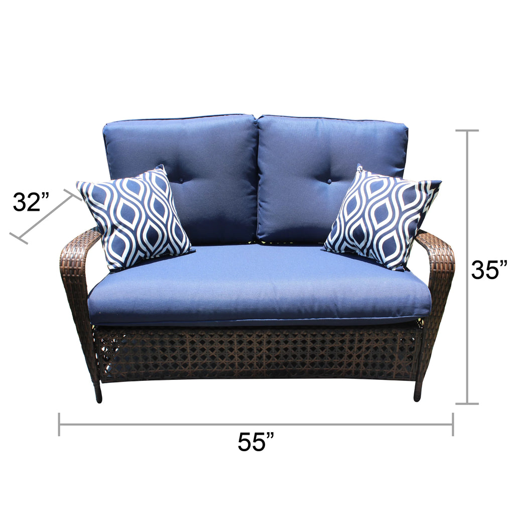 4 Piece Wicker Outdoor Furniture Conversation Set with Navy Cushions A431
