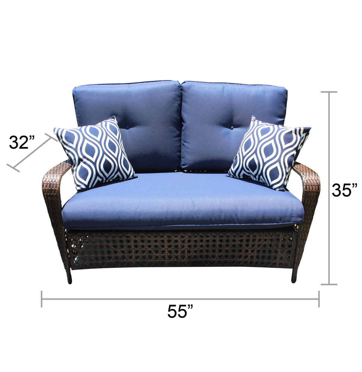 4 Piece Wicker Outdoor Furniture Conversation Set with Navy Cushions A431