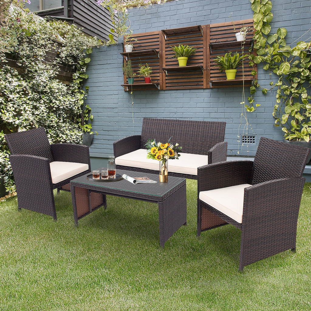 4 Pc White Patio Rattan Furniture Set O952