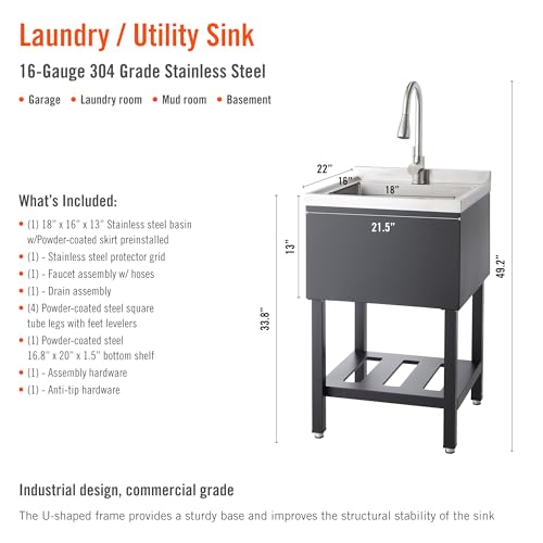 Stainless Steel Freestanding Single Bowl Utility Sink with Pull-Out Faucet K372647