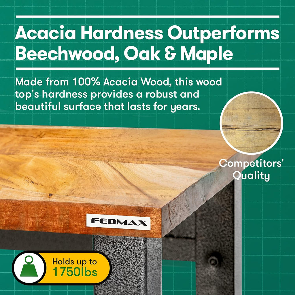 Acacia Wood Work Bench with Caster Wheels and Adjustable Height Legs Y4818