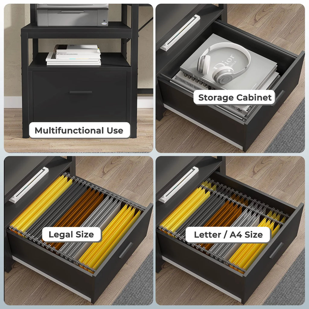L Shaped Desk with File Drawer and Power Outlet, Black V788