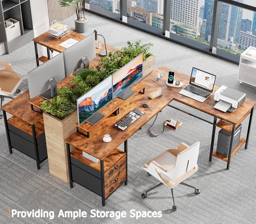 66” L Shaped Desk with Power Outlet, File Drawer & Storage Shelves, Rustic Brown L900429