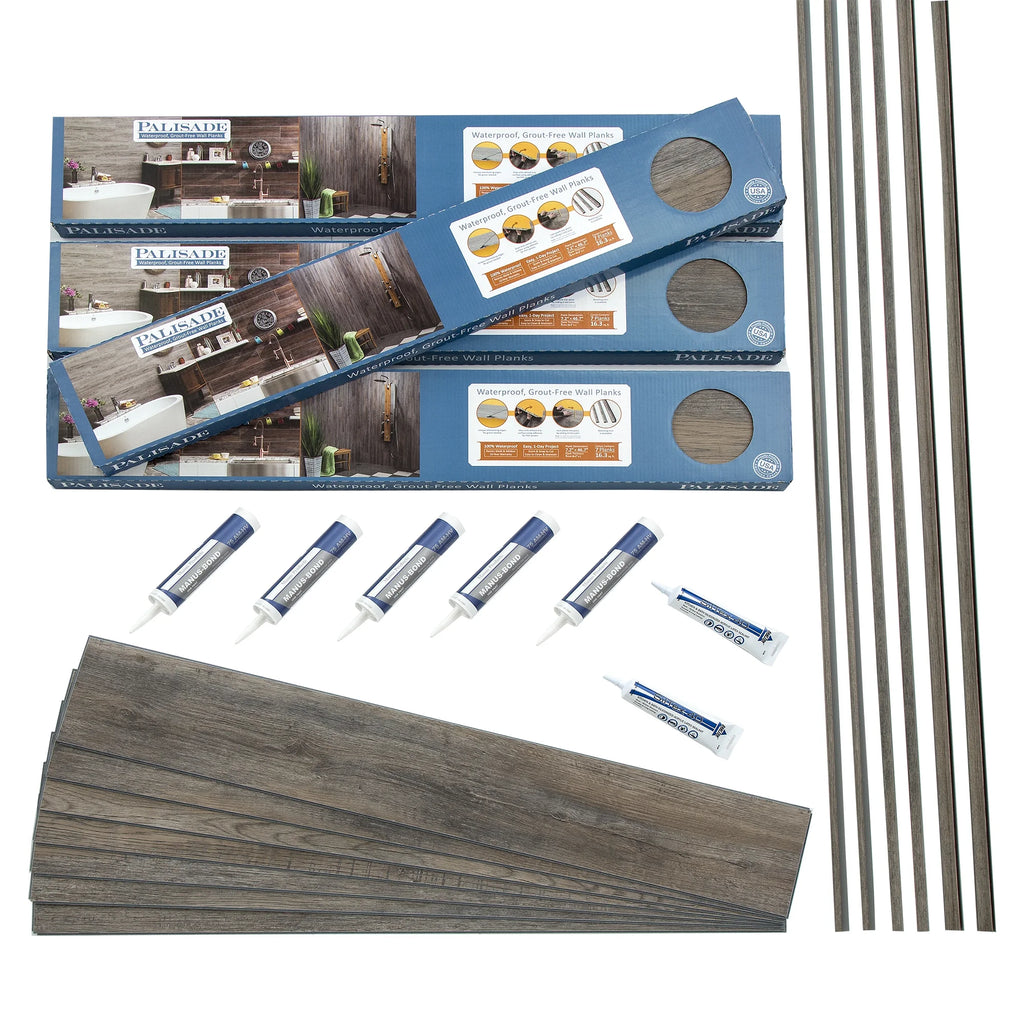 Interlocking Vinyl Plank Shower and Tub Surround Kit in Natural Oak E97435