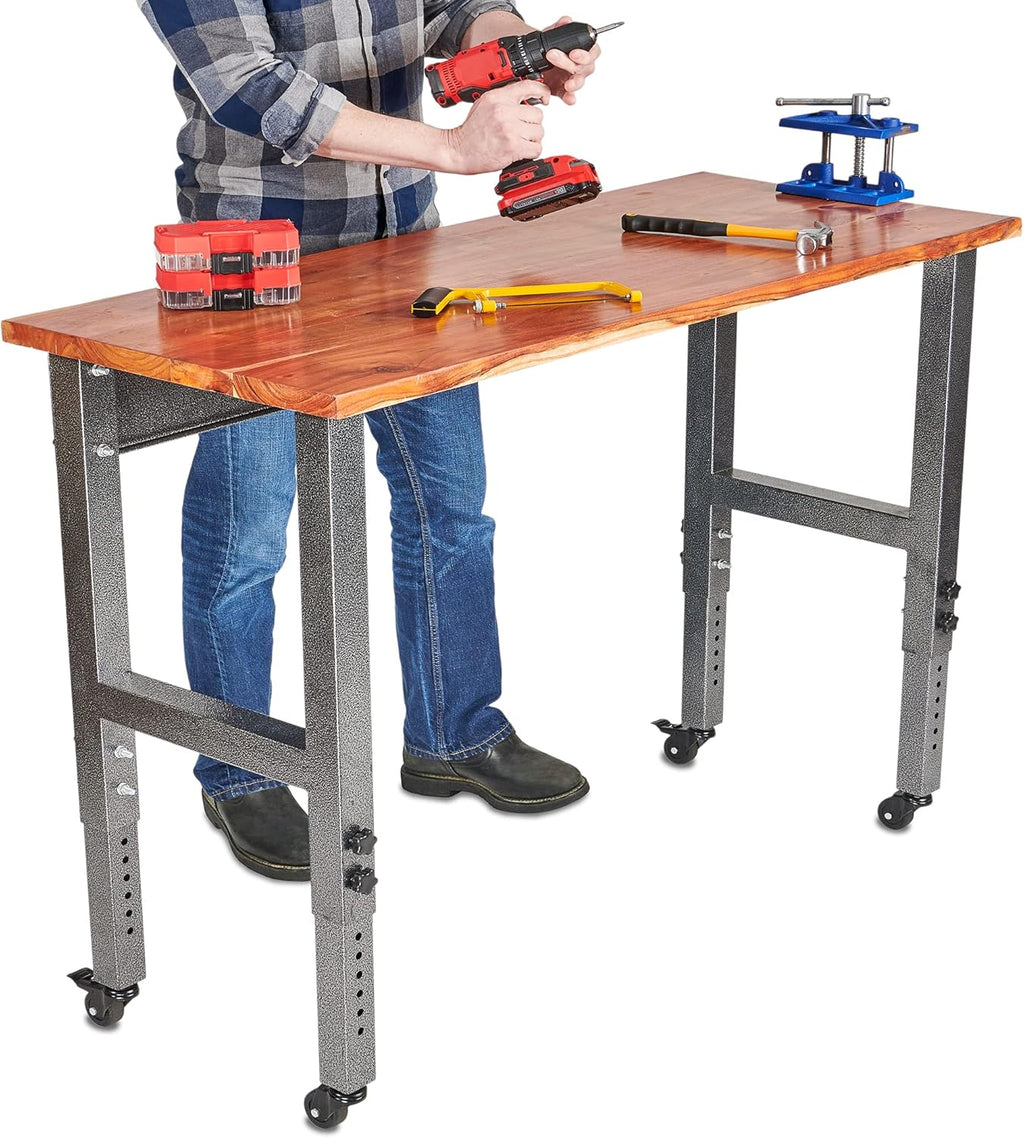 Acacia Wood Work Bench with Caster Wheels and Adjustable Height Legs Y4818
