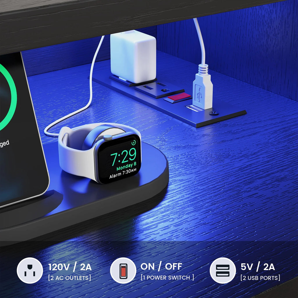 Black Rattan TV Stand with LED Light and Charging Station E680