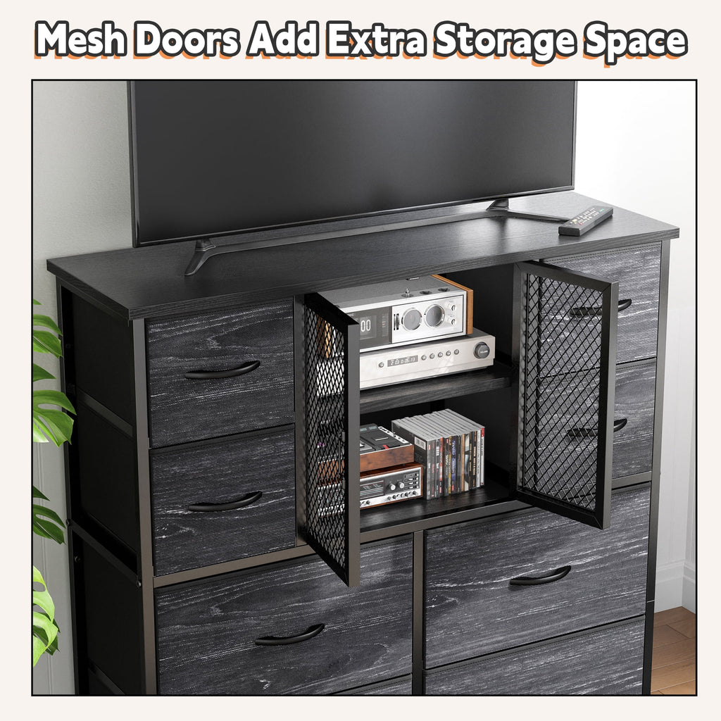 Black 10 Drawer Fabric Dresser with Cabinet R3291