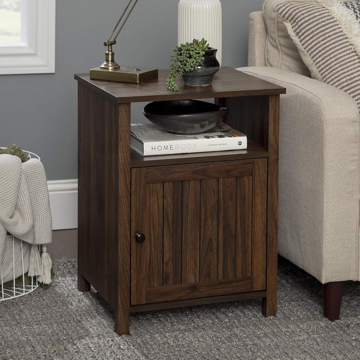 White Oak 18 Inch Wood Side Accent Table with Cabinet Door T8963