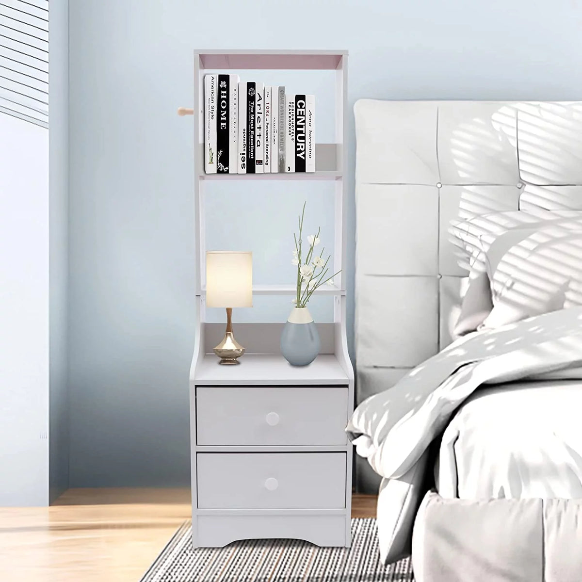White 3 Layers Bedside Table with Storage Shelf D32504