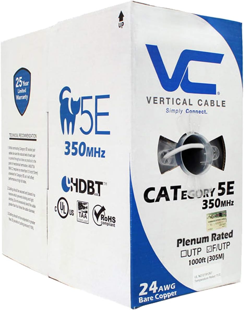 Cat5e Shielded 24AWG Solid Bare Copper Plenum 1000ft Bulk Ethernet Cable O816