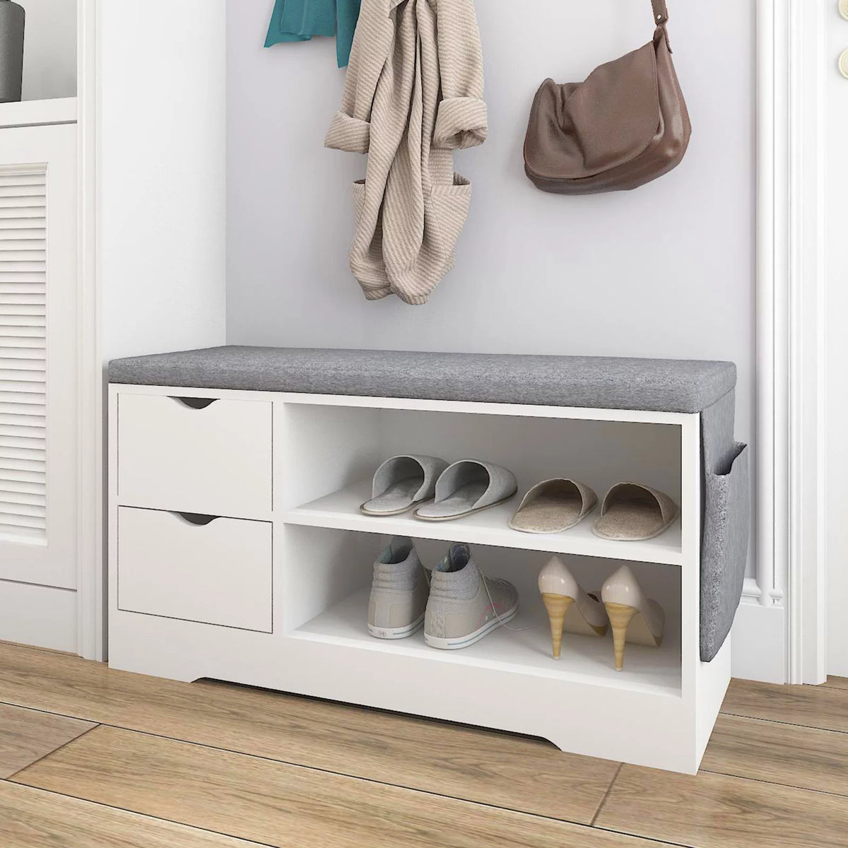 White 2-Tier Shoe Storage Bench Cabinet with Drawer and Cushion X527989