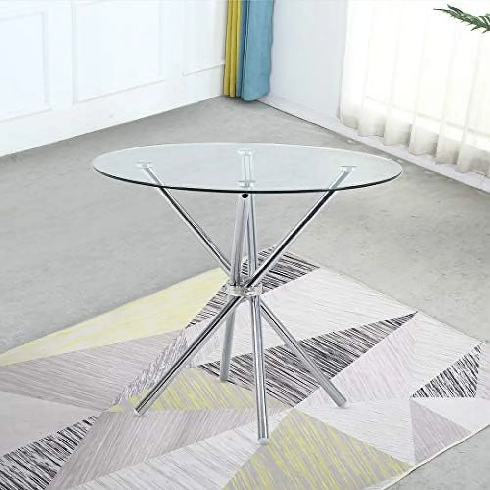 Round Glass Dining Table with Clear Tempered Glass Top 4 Chrome Legs R35769