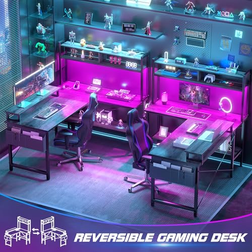 L Shaped Gaming Desk with Power Outlets & LED Lights, Black Y180980