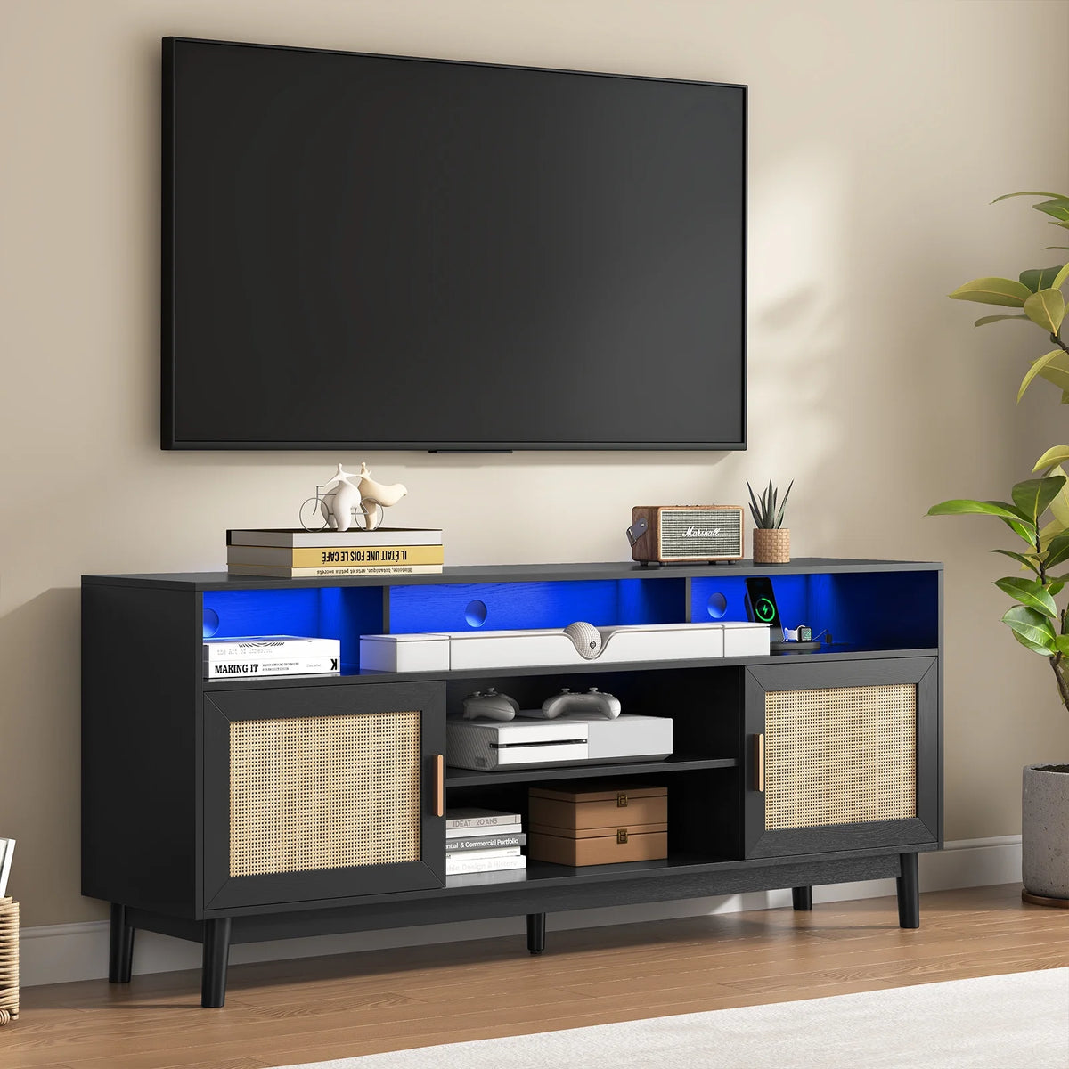 Black Rattan TV Stand with LED Light and Charging Station E680