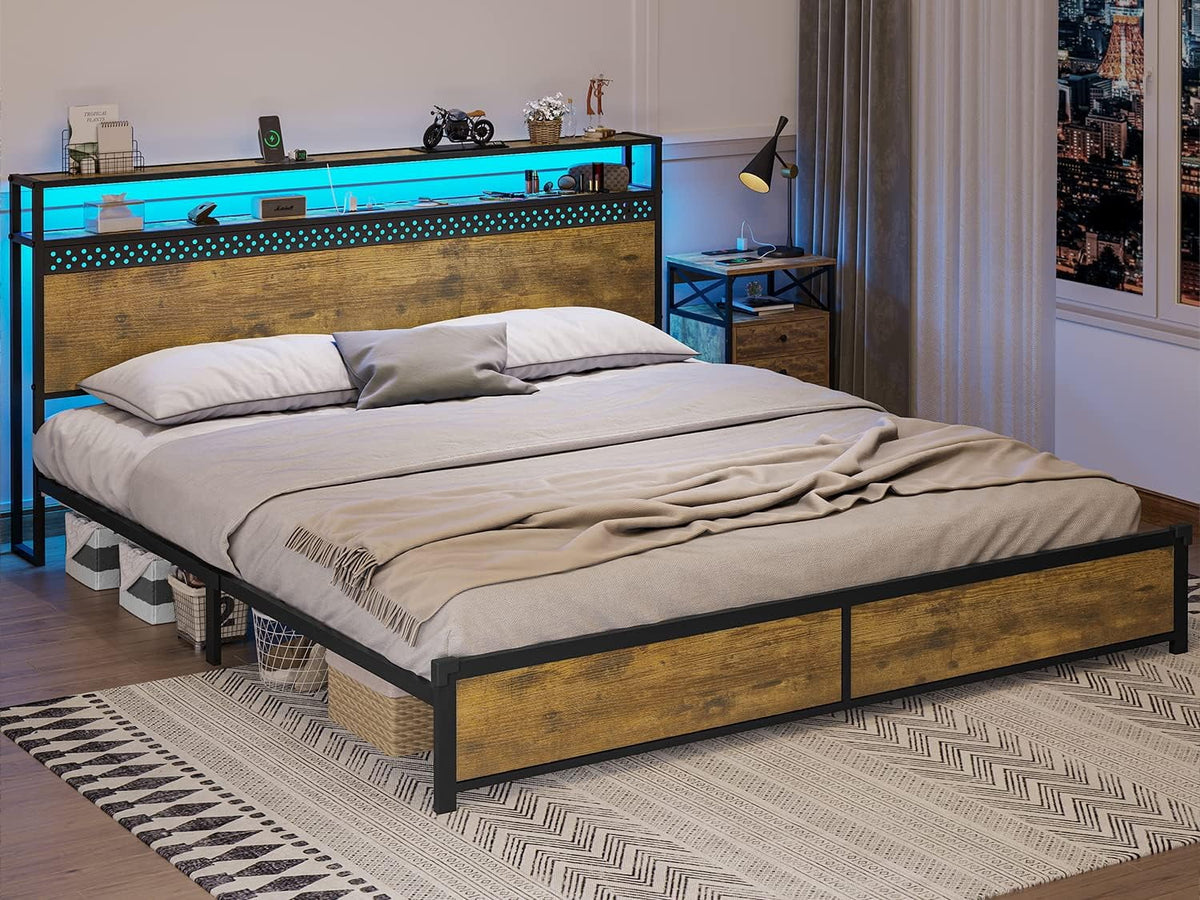 King Bed Frame with USB Ports and Outlets Y4229