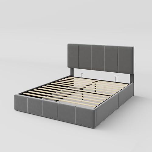 Queen Size Black Velvet Upholstered Storage Bed Frame A843