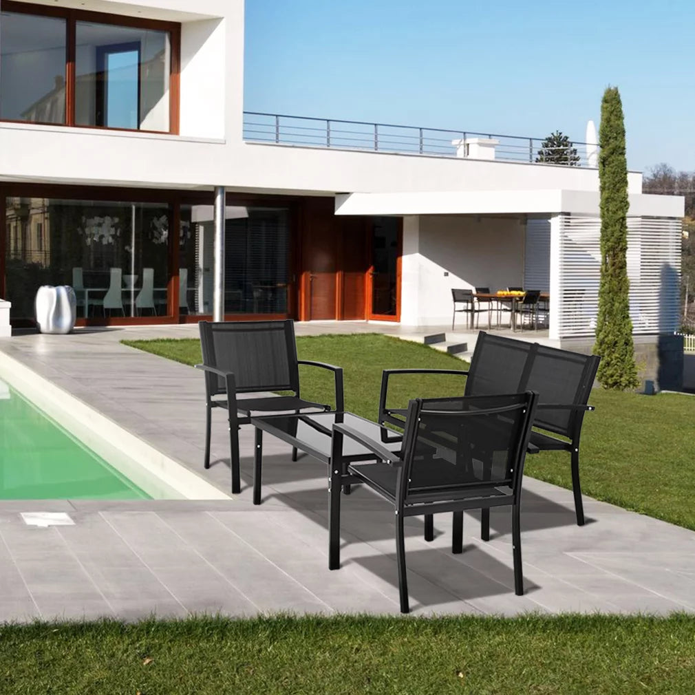 4 Piece Patio Conversation Set with Tempered Glass Tabletop Black J72796