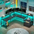 L Shaped Desk with File Drawer and Power Outlet, Black V788