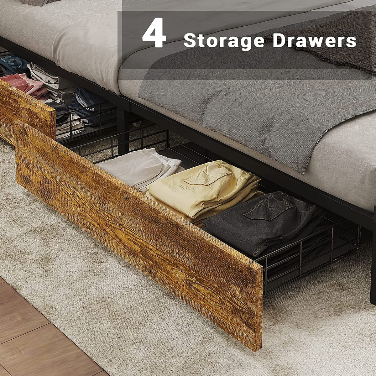 Rustic Brown Full Size Metal Platform Bed Frame with LED Headboard and USB Ports S7694