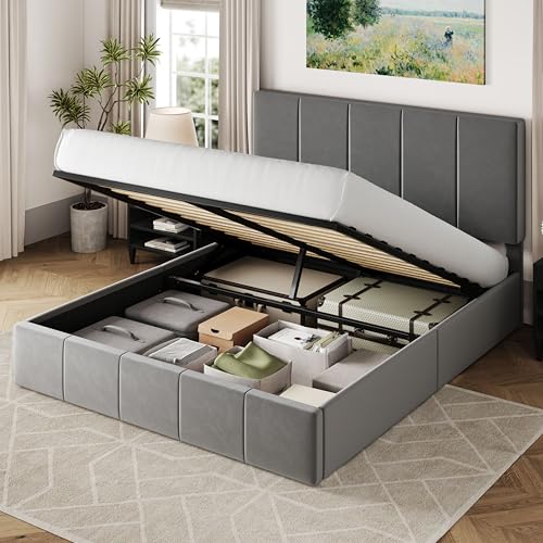 Queen Size Black Velvet Upholstered Storage Bed Frame A843