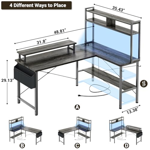 L Shaped Gaming Desk with Power Outlets & LED Lights, Black Y180980