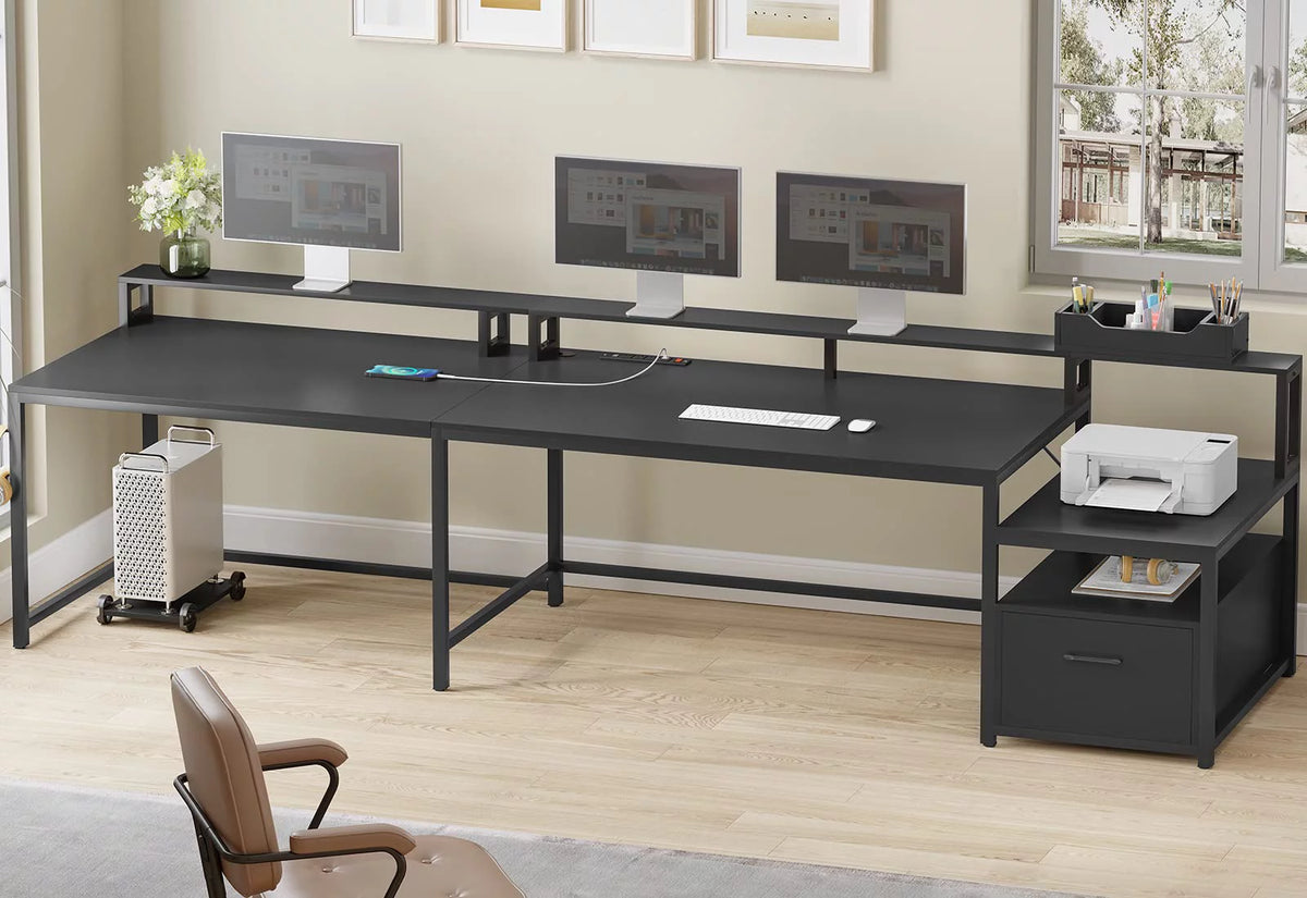 L Shaped Desk with File Drawer and Power Outlet, Black V788