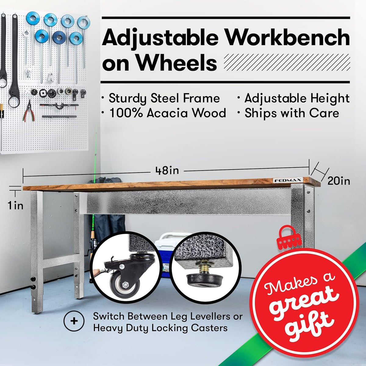 Acacia Wood Work Bench with Caster Wheels and Adjustable Height Legs Y4818