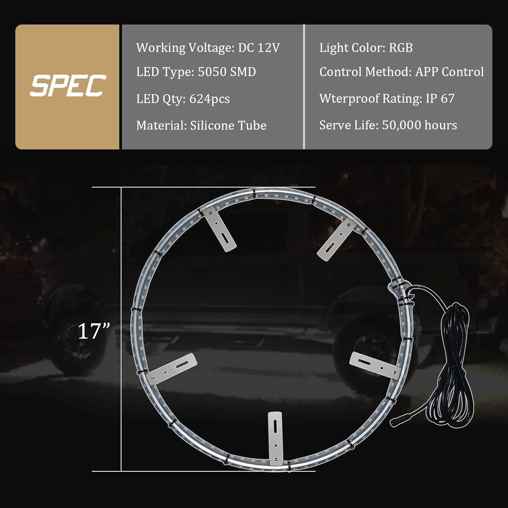 4PCS Dream Color Chasing Auto LED Wheel Ring Lights 17” Waterproof Wheel Light Kit with App Control S5981