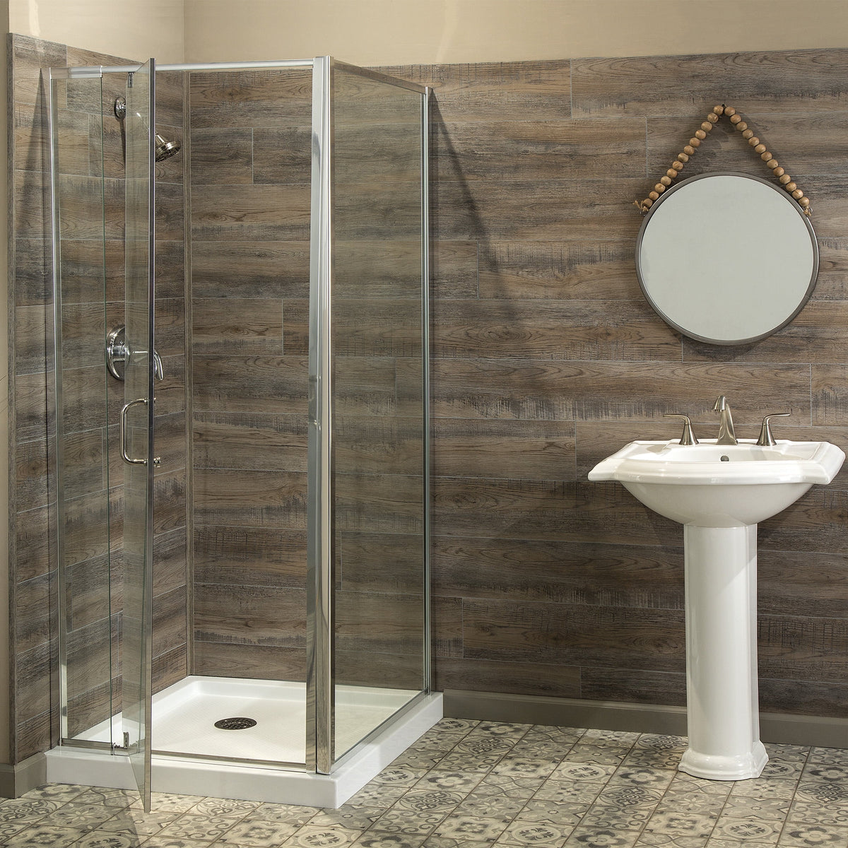 Interlocking Vinyl Plank Shower and Tub Surround Kit in Natural Oak E97435