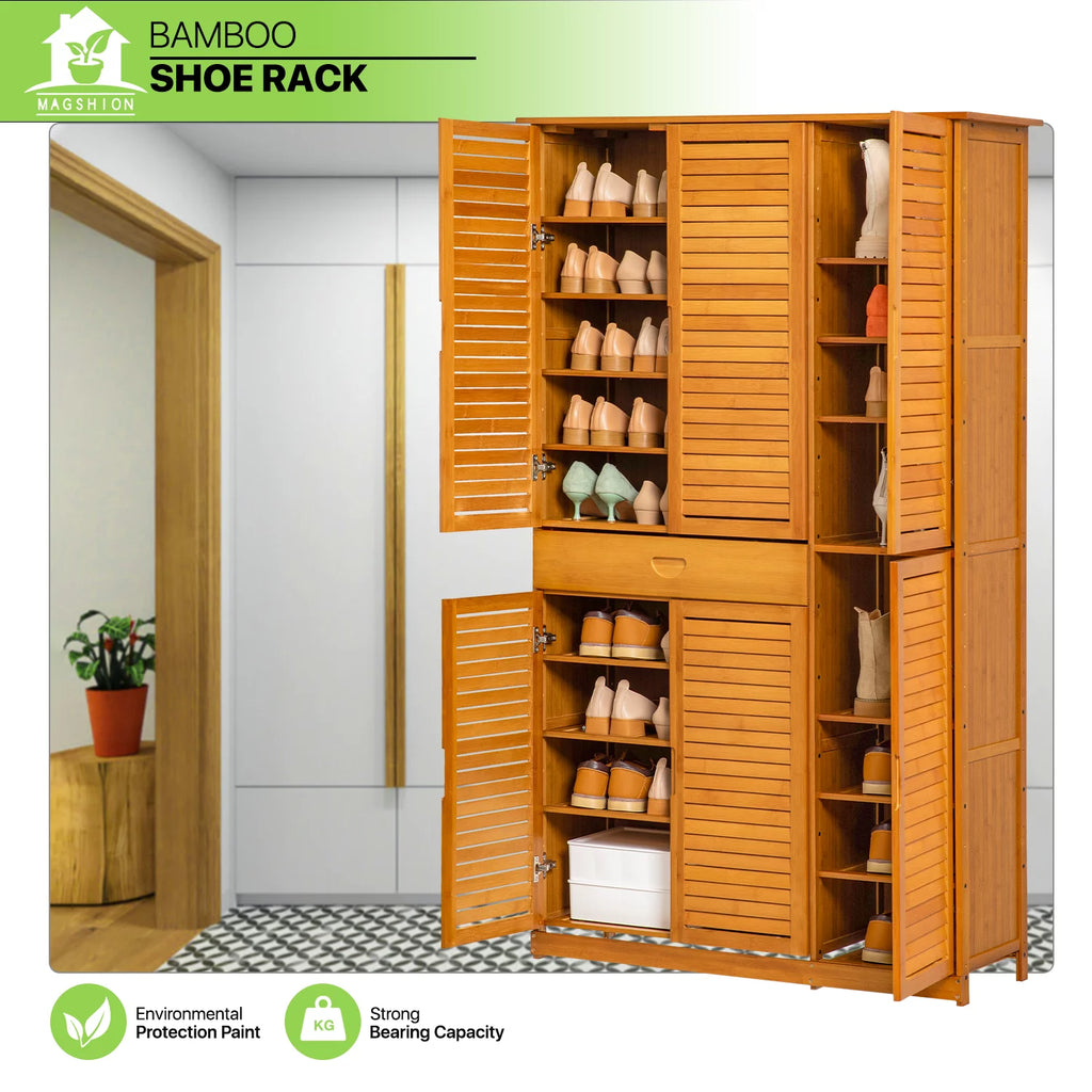 Bamboo 10 Tiers 1 Drawer Shoes Cabinet with Shutter Doors T90158