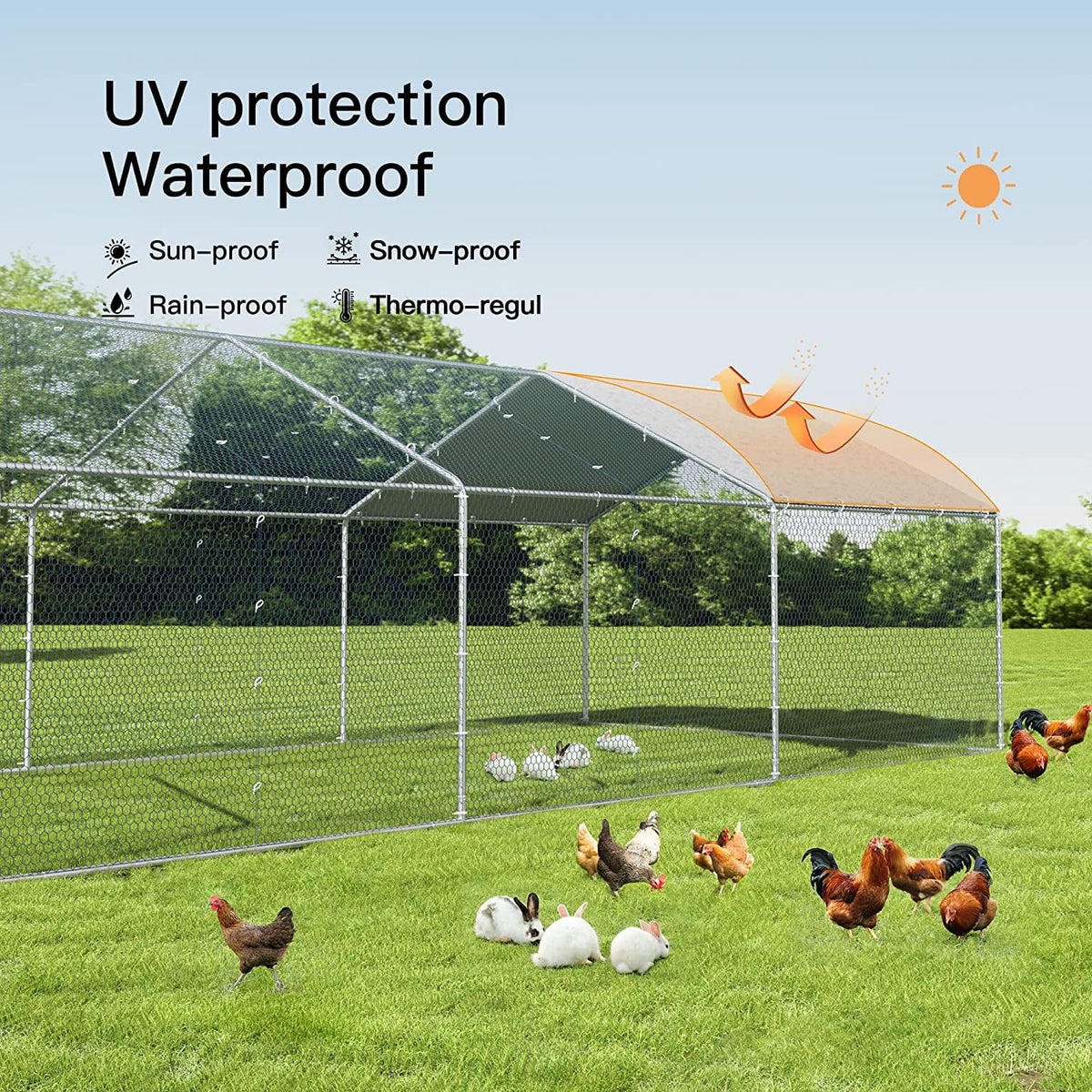 Large Metal Walk-in Chicken Coop with Waterproof UV Protection Cover V723671