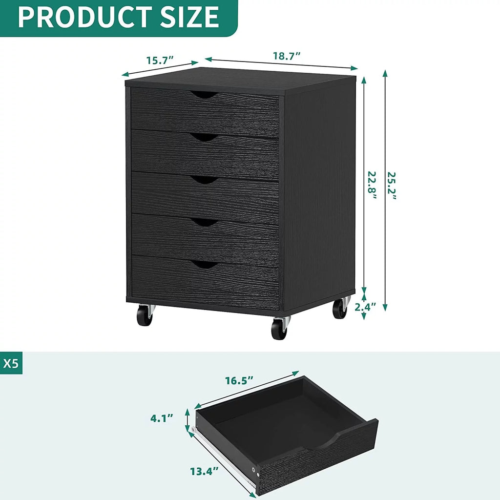 Black 5-Drawer Wood Mobile Vertical Filing Cabinet X695