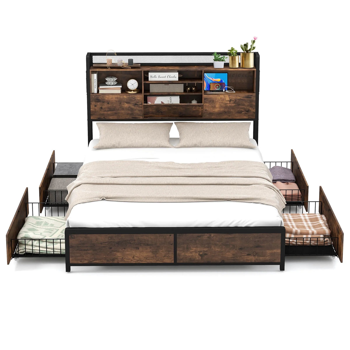 Queen Size Bed Frame with Bookcase Headboard and 4 Storage Drawers C55796