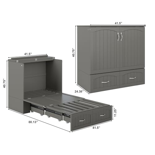 Queen Murphy Bed Chest with Mattress and Storage in Grey R6559