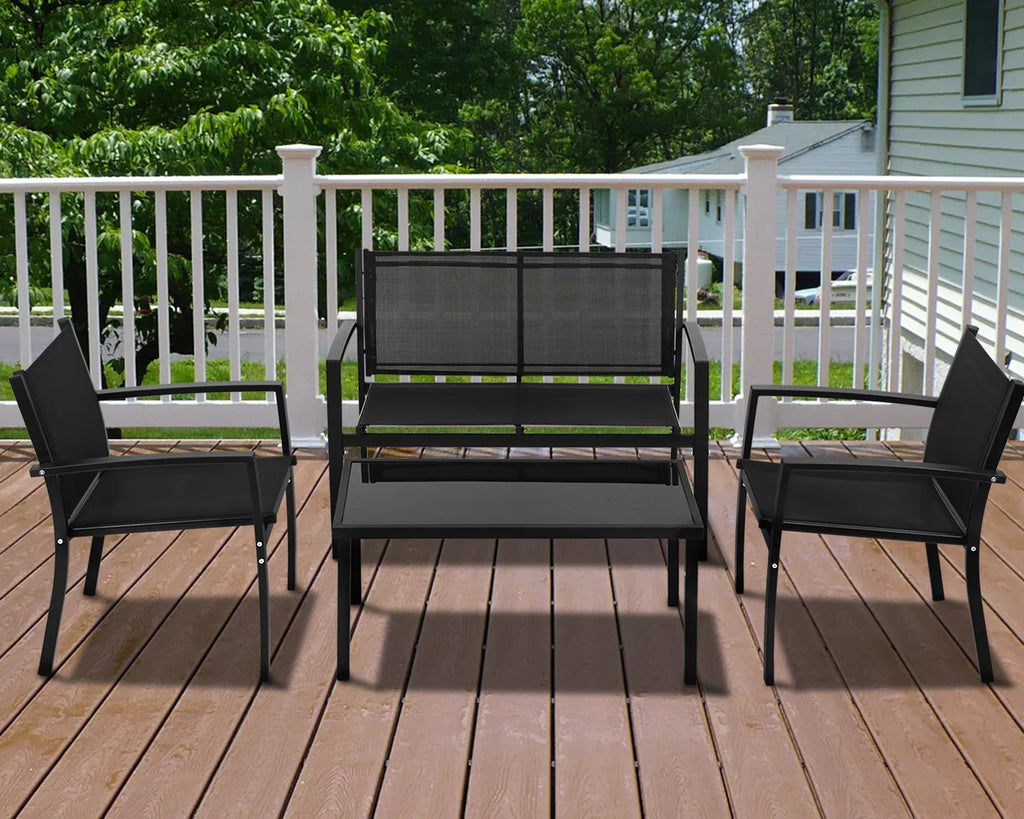 4 Piece Patio Conversation Set with Tempered Glass Tabletop Black J72796
