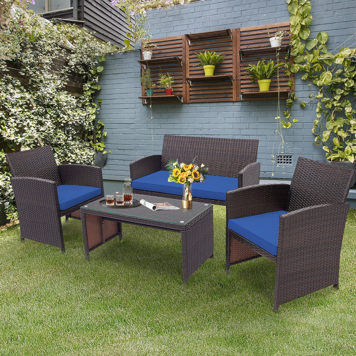 4 Pc White Patio Rattan Furniture Set O952