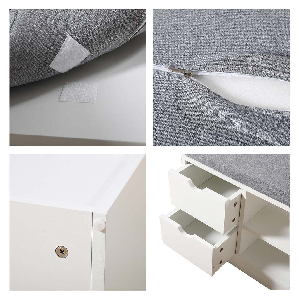 White 2-Tier Shoe Storage Bench Cabinet with Drawer and Cushion X527989
